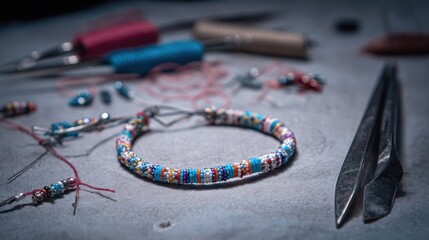 Handmade beaded bracelet with tools for jewelry crafting on a textured surface