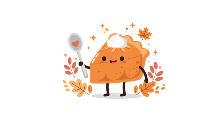 A cute cartoon slice of pumpkin pie with whipped cream, holding a spoon, surrounded by autumn leaves and sparkles on a white background.