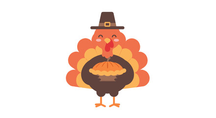A cute cartoon turkey wearing a pilgrim hat and holding a pumpkin pie for Thanksgiving.
