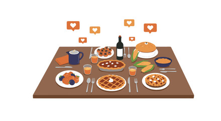 A Thanksgiving dinner table laden with pies, turkey, and side dishes, with social media 'like' icons floating above.
