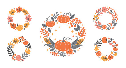 A collection of five decorative autumn wreaths featuring pumpkins, colorful fall leaves, berries, and corn, perfect for harvest season designs.