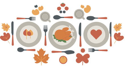 Thanksgiving dinner table setting with plates, cutlery, and autumn-themed decorations.