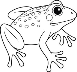 Black and white frog illustration with extended limbs, oval spots, stylized anatomy, perfect for coloring pages, education, and vector design.