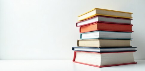 High stack of various documents, diverse file types, clean white background, document management, record keeping, data