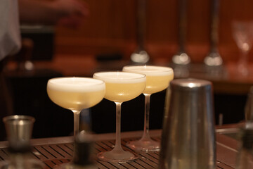 Elegant cocktails served in stylish glasses on bar counter with ambiance