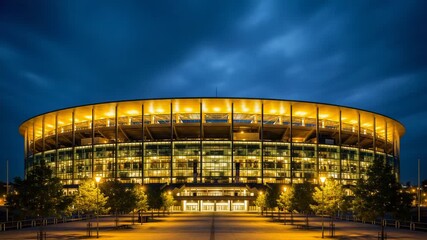 Modern stadium illuminated at dusk with dramatic clouds in the sky - Powered by Adobe