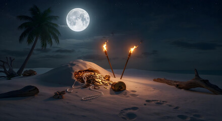 Lost Hidden Pirate Treasure at Mysterious Tropical Island with dramatic light and landscape