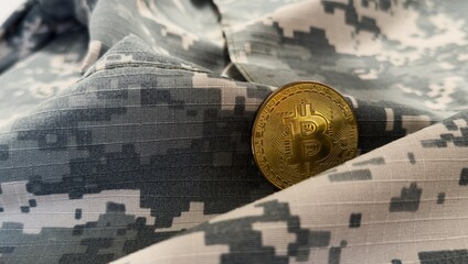 Gold bitcoin and soldier in military uniform