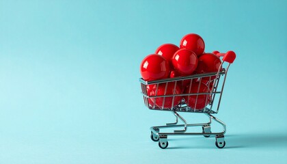 Mini shopping cart with shiny red spheres on light blue background.