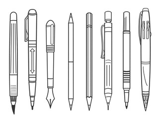 いろんな種類のペンの線画、シンプルなイラストセット
