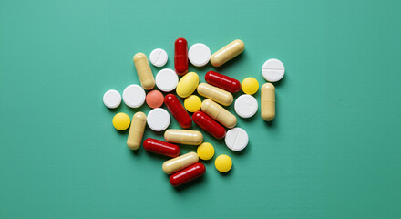Pharmacy kaleidoscope: a scattering of red, yellow and white vitamins on a monochrome turquoise background, as a symbol of modern medicine for health.