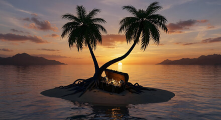 Lost Hidden Pirate Treasure at Mysterious Tropical Island with dramatic light and landscape