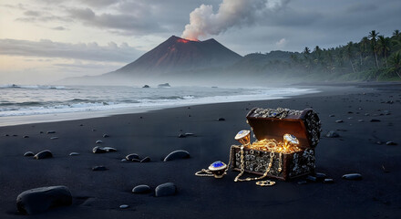 Lost Hidden Pirate Treasure at Mysterious Tropical Island with dramatic light and landscape