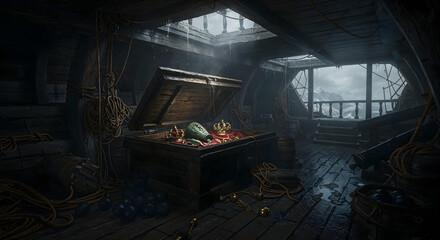 Lost Hidden Pirate Treasure at Mysterious Tropical Island with dramatic light and landscape