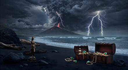 Lost Hidden Pirate Treasure at Mysterious Tropical Island with dramatic light and landscape