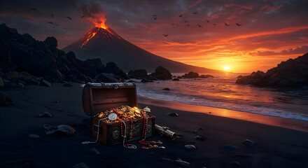 Lost Hidden Pirate Treasure at Mysterious Tropical Island with dramatic light and landscape