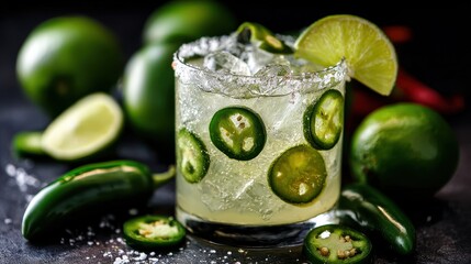 Spicy jalapeo margarita with lime and salt rim for a refreshing drink.