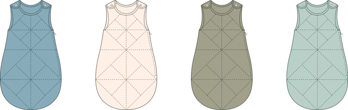 Collection of four cozy infant sleeping bags in a range of gentle pastel colors, featuring a soft quilted design for secure and comfortable sleep for newborns and toddlers in a modern nursery setting