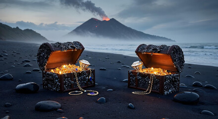 Lost Hidden Pirate Treasure at Mysterious Tropical Island with dramatic light and landscape