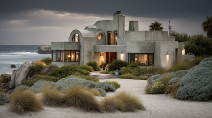 Coastal concrete cliffside home at dusk with ocean view