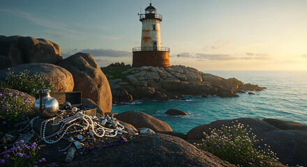 Lost Hidden Pirate Treasure at Mysterious Tropical Island with dramatic light and landscape