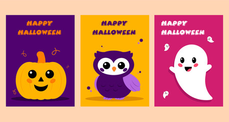 Set of three Happy Halloween banner, poster or web header flat creative spooky vector illustration.
