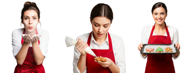 Christmas cookie baker woman decorating gingerbread, Christmas cookie baker, gingerbread cookies baker, Isolated on transparent background, png
