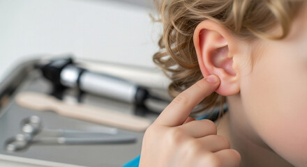 A young man in the doctor's office points to his ear with his finger, an otoscope medical instrument is visible on a blurred background.