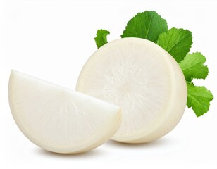 ** High-quality image of a fresh daikon radish sliced in half with vibrant green leaves, ideal for culinary, health, and nutrition themes. **