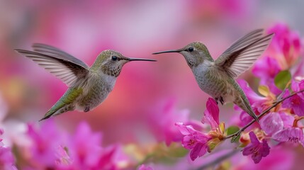 Fototapeta premium Two hummingbirds facing each other with pink flowers in the background.