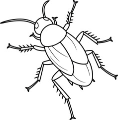 Cockroach line drawing with segmented body, folded wings, spiny legs, ideal for entomology, biology education, and vector illustration.