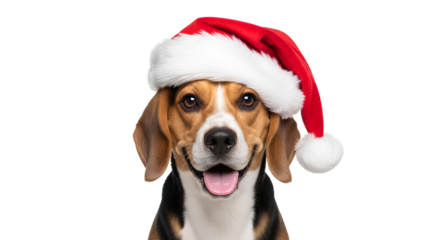 Beagle dog set wearing a festive red Santa Claus hat, mid air leap PNG. Adorable Beagle canine pet for Christmas isolated. Dog smiling with ret santa hat on its head PNG