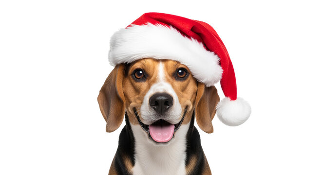 Beagle dog set wearing a festive red Santa Claus hat, mid air leap PNG. Adorable Beagle canine pet for Christmas isolated. Dog smiling with ret santa hat on its head PNG