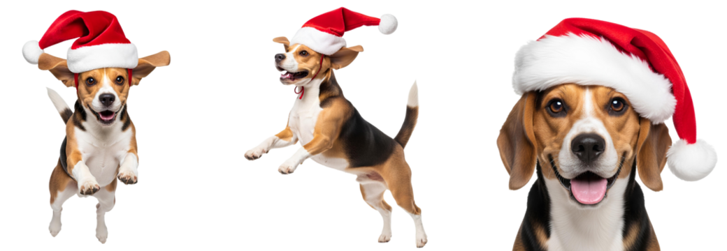 Beagle dog set wearing a festive red Santa Claus hat, mid air leap PNG. Adorable Beagle canine pet for Christmas isolated. Dog smiling with ret santa hat on its head PNG
