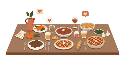 A beautifully set Thanksgiving dinner table laden with various dishes, pies, and drinks, evoking a sense of warmth and gratitude.