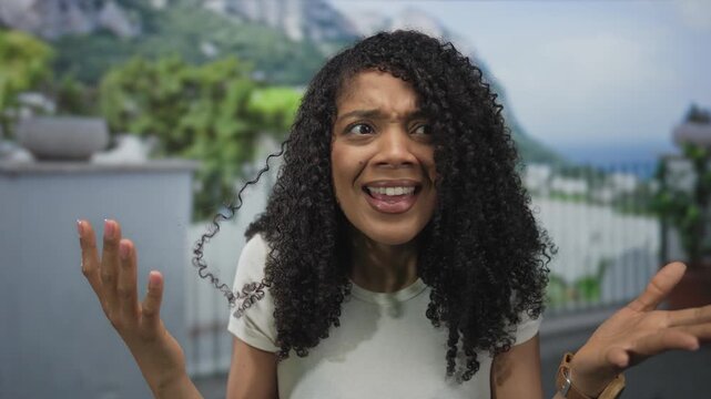 African american woman raises hands to head in forest with wide eyes and open mouth overlooking mountains; surprise.