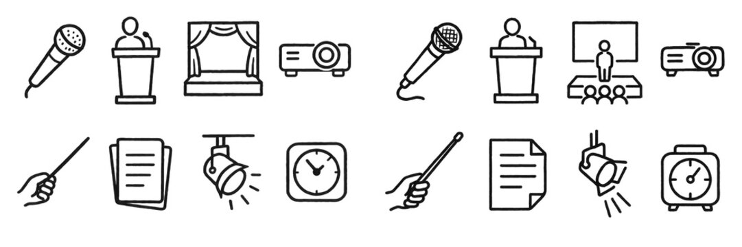 Presentation icon set with microphone and podium