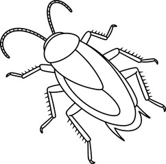 Detailed cockroach line drawing with segmented antennae, spiny legs, folded wings, ideal for biology, entomology, and vector illustration.