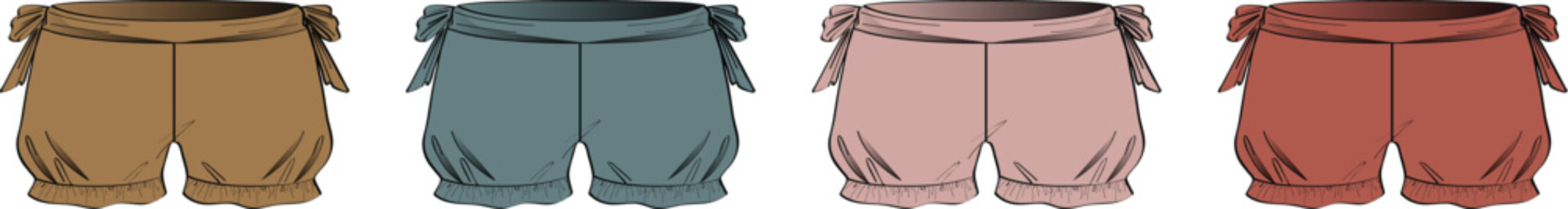 Set of traditional baggy knickerbockers or hakama-style pants in four different color palettes. Isolated vector illustration for costume or character design