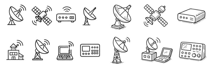 Fototapeta premium Communication icons: antennas, satellites, devices