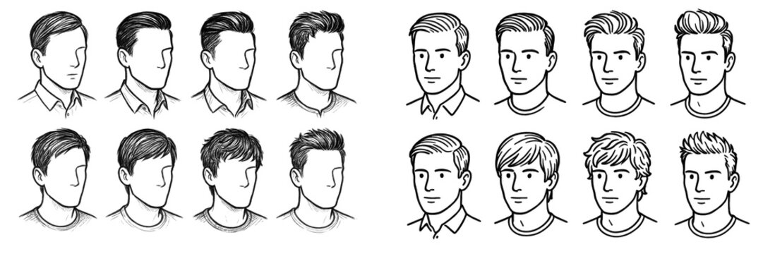 Male hairstyles guide - line art illustrations