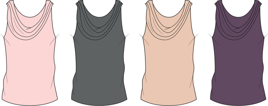 Set of women's sleeveless cowl neck tank tops in various colors. Fashion flat technical sketch template
