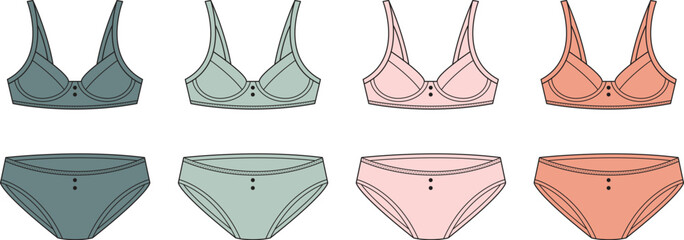 Essential collection of women's comfortable lingerie, featuring soft pastel-colored bras and matching panties, ideal for daily wear and intimate apparel designs in a vector style
