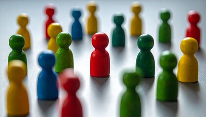 Red figurine stands out among colorful wooden figures in blurred background.