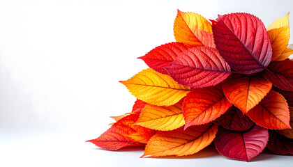 Fototapeta premium Autumnal Leaf Array: A vibrant collection of autumnal leaves, displaying a rich spectrum of reds, oranges, and yellows, evokes the essence of fall's beauty.