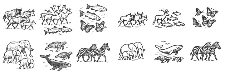 Ink sketches of diverse animals in nature