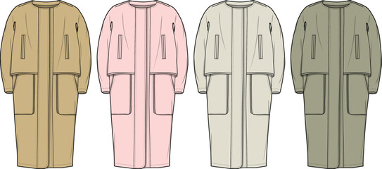 Technical flat fashion sketch set of an oversized long hooded winter parka coat in four different color variations for apparel design © samir