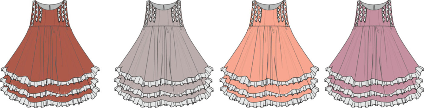 Fashion design technical flat sketch set of a bohemian tiered ruffle dress with lace details, presented in four different colorways