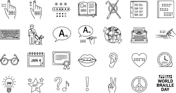 Line Art Braille and Accessibility Icons: Vision Impairment, Blindness, Communication, Education, and Support