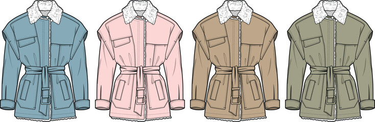 Set of fashion technical flat sketches for a women's belted utility jacket with a shearling collar, shown in four different colorways © samir